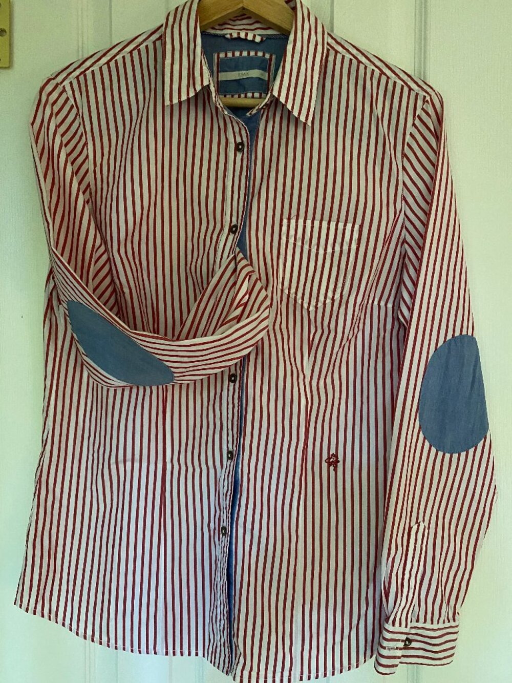 🇩🇪 BRAX Feel Good Red Striped Chambray Elbow Patch Blouse - EU 40 / US 10 M